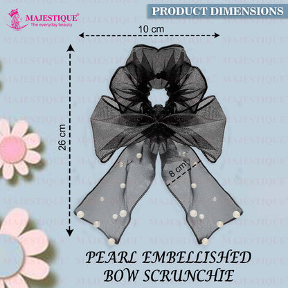 Image 2 of Majestique Pearl Bow Scrunchies Net Ponytail Holder, Stretchable Rubber Band Hair Accessories -1 Pc