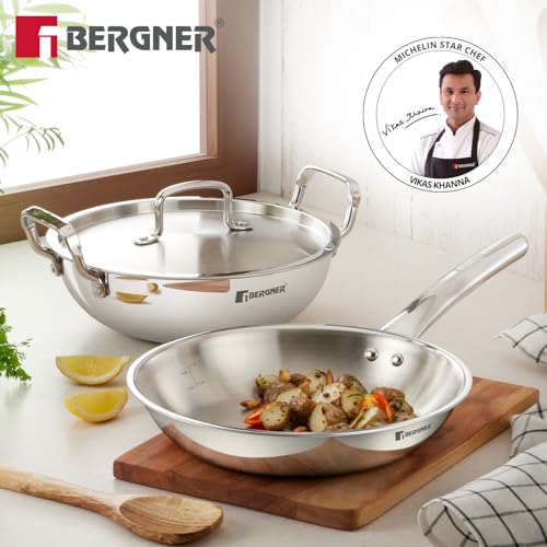 Image 2 of BERGNER TriPro 4 Pcs Tri-Ply Stainless Steel Cookware Combo - 24cm/3L Kadai, 22cm/1L Frypan, 3L Pressure Cooker