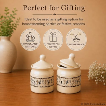 Image 6 of ExclusiveLane Art Of Warli Ceramic Pickle Jars for Dining Table (Set of 2, 280 ml)