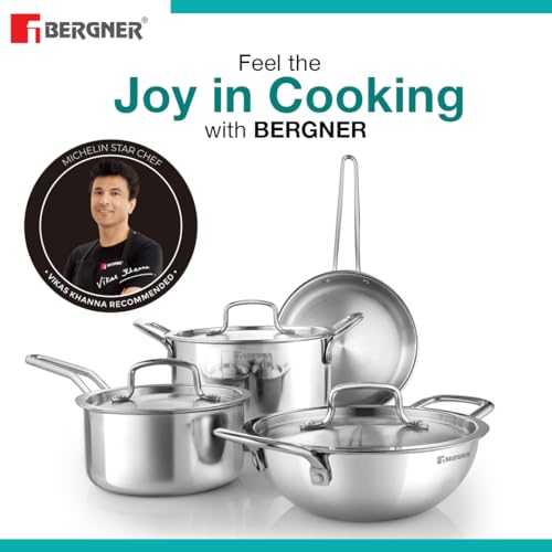 Image 4 of BERGNER TriPro Triply Stainless Steel 7 Pcs Cookware Set - 20cm (1.5L) Deep Kadai, 20cm (1.2L) Sautepan, 16cm (1.7L) Saucepan, 20cm (3L) Casserole, 3 Stainless Steel Lids - Induction and Gas Ready