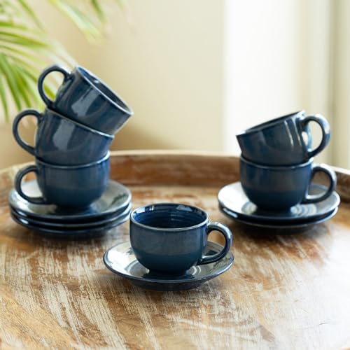 Image 1 of Default Title for the product ExclusiveLane Ocean Ripples Ceramic Tea Cup and Saucer Set of 6 120 ml