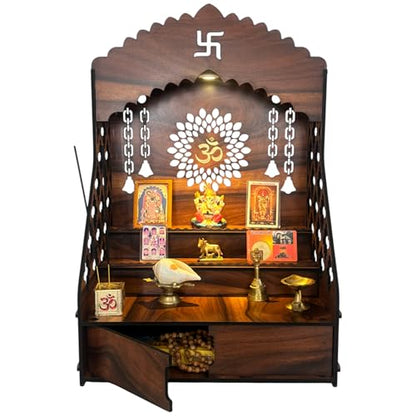 Image 1 of Default Title for the product STEPn'SPACE Wooden Temple for Home Big Size Mandir LED Light & Step Wall Hanging Puja Mandir for Home Temple for Office Pooja Stand with Storage XL-D28x W38x H55cm