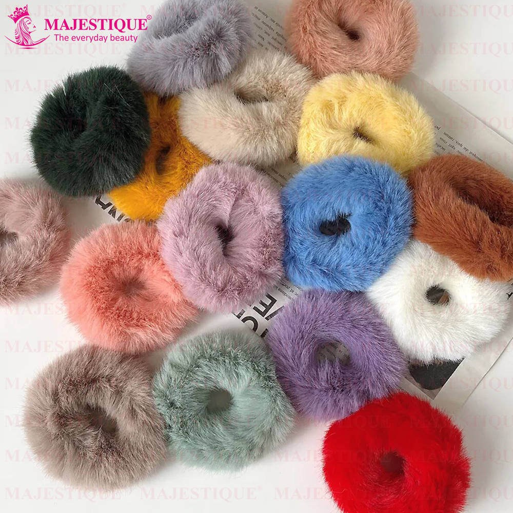 Image 6 of Majestique Fancy Spongy Fur Hair Rubber Band Elastic Ponytail Holder Hair Band - 10Pcs (Multicolor)