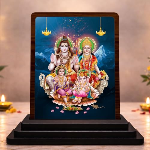 Image 1 of Default Title for the product Shiv Parivar Small Wooden Idol 4x5 Inch Calm Energy HD Printed Home Decor