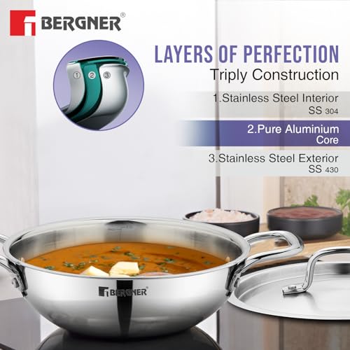 Image 6 of BERGNER TriPro Triply Stainless Steel 7 Pcs Cookware Set - 20cm (1.5L) Deep Kadai, 20cm (1.2L) Sautepan, 16cm (1.7L) Saucepan, 20cm (3L) Casserole, 3 Stainless Steel Lids - Induction and Gas Ready
