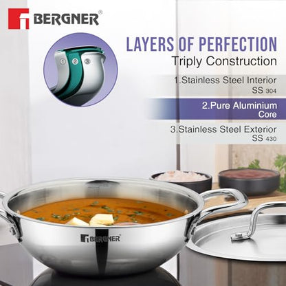 Image 6 of BERGNER TriPro Triply Stainless Steel 7 Pcs Cookware Set - 20cm (1.5L) Deep Kadai, 20cm (1.2L) Sautepan, 16cm (1.7L) Saucepan, 20cm (3L) Casserole, 3 Stainless Steel Lids - Induction and Gas Ready