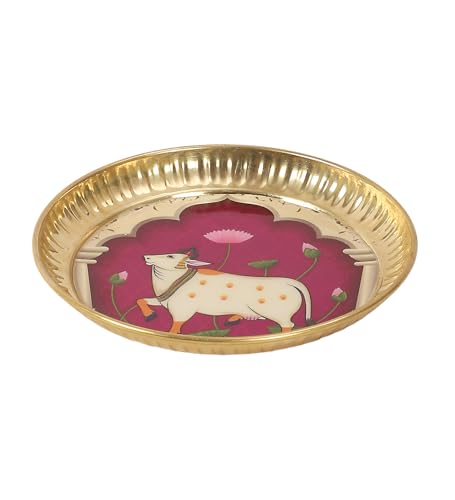 Image 5 of Two Moustaches 6 Inches Kamdhenu Cow Design Brass Pooja Thali, Multicolored, Pack Of 1