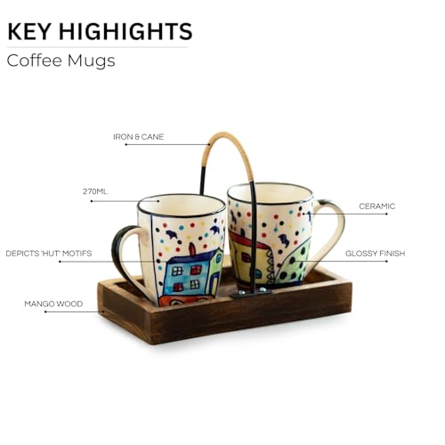 Image 4 of ExclusiveLane The Hut Ceramic Tea & Coffee Mugs with Wooden Tray Set of 2 270 ml