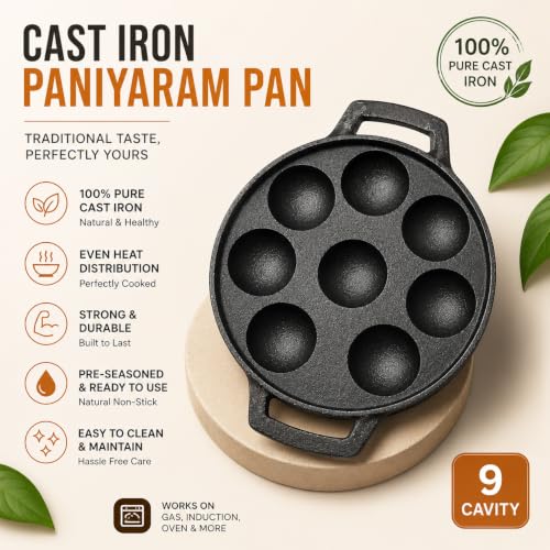 Image 3 of PRABHAVA TRADERS Pre-Seasoned Cast Iron Appam Maker | 9 Pits Paniyaram/Appe Pan | Ponganalu Maker | Gas Stove & Induction Compatible | Heavy Duty Naturally Nonstick | Round