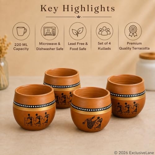 Image 4 of ExclusiveLane Warli Clay Terracotta Kullad Cups Set (Set of 4, 220 ml)