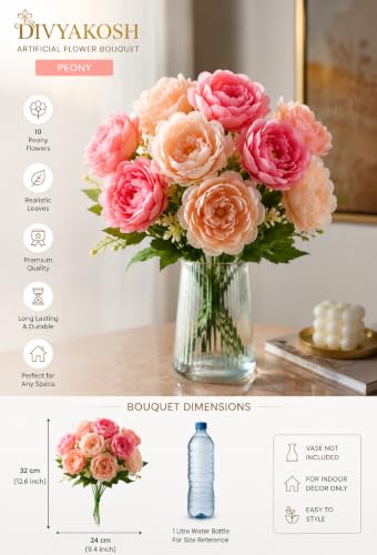 Image 4 of Divyakosh Artificial Flower for Vase (10 Peony Flower Heads), Artificial Flowers Bunch (Vase Not Included), Luxury Floral Centerpiece for Living Room Dining Table Office Decor