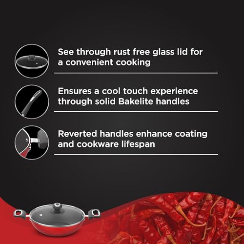 Image 4 of Preethi Dura Collection Non Stick Kadai, 26 cm, with Glass Lid, Gas & Induction Compatible, 5 Star Non Stick Effect, Chilly Red