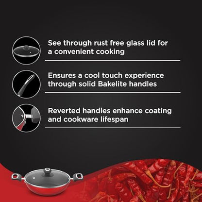Image 4 of Preethi Dura Collection Non Stick Kadai, 26 cm, with Glass Lid, Gas & Induction Compatible, 5 Star Non Stick Effect, Chilly Red