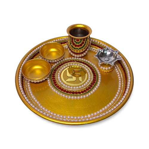 Image 2 of Golden / 10 Inch for the product RIA Studio Traditional Swastik Pooja Thali Set Stainless Steel Prayer Plate with Kundan Decoration 5-Piece Hindu Worship Kit (Red, 10 Inch)