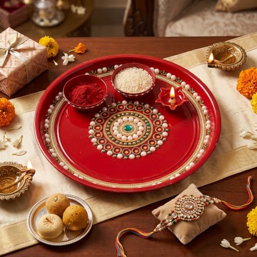 Image 11 of Red & White With Pearl Bead Border for the product JH Gallery Pooja Thali Set