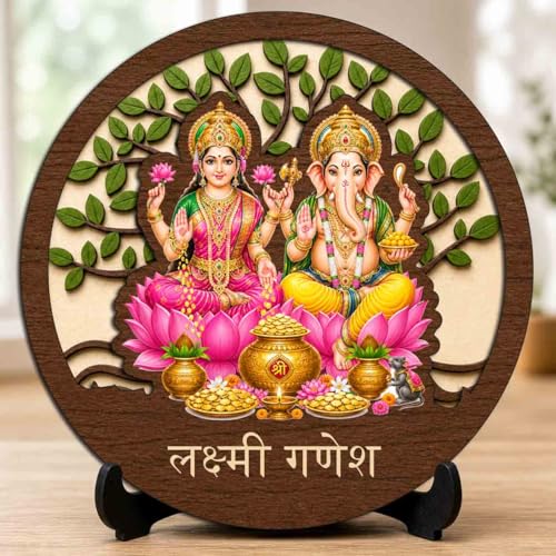Image 1 of Default Title for the product Lakshmi Ganesh Wooden Murti for Home Mandir, Prayer Room, Table Top Decor & Spiritual Gifting - 5x5 Inch