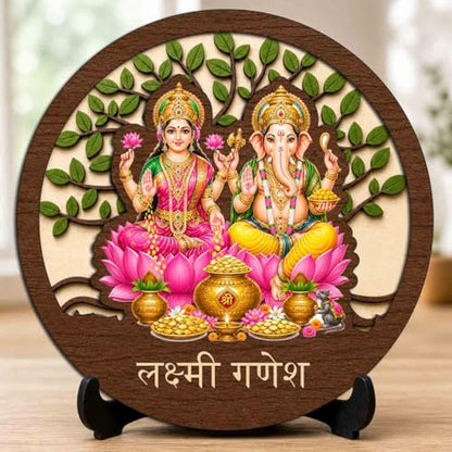 Image 1 of Default Title for the product Lakshmi Ganesh Wooden Murti for Home Mandir, Prayer Room, Table Top Decor & Spiritual Gifting - 5x5 Inch