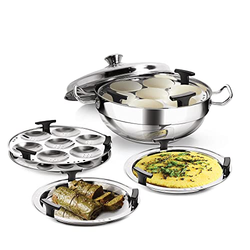 Image 1 of Default Title for the product MILTON Pro cook Induction Cookware & Gas Stove Friendly Stainless Steel Idli Cooker 6 Plates | 2 Regular Idli Plates | 1 Mini Idli Plate | 1 Steamer Plate | 2 Dhokla Plates | Multi Kadai Idali Maker