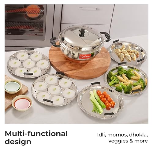 Image 5 of Lifelong Multi Kadai Steamer Set | 29cm, 2.5kg | Momo Maker 4.2Ltr | 5 Large Plates for Idli, Dhokla & Steamer | Induction-Friendly 3-Layer Thick Bottom (LLSSMK05, Stainless Steel)