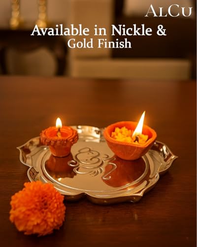 Image 5 of ALCU Pooja Thali for Diwali & Navratri Lotus Design Embose Decorative Puja Plate Golden