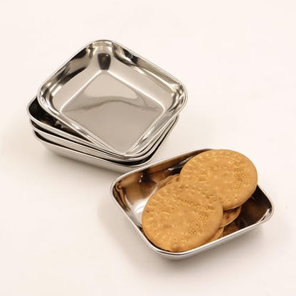 Image 1 of Default Title for the product Spillbox Stainless Steel Halwa Plates Quarter Rectangle Snack Dessert Side Dish Set 50gm