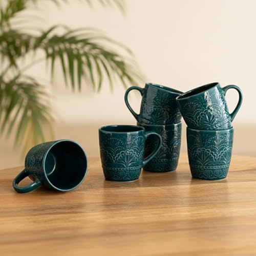 Image 1 of Default Title for the product ExclusiveLane Teal Forest Ceramic Coffee Mugs Set of 6 180 ml