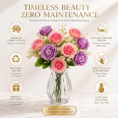 Image 4 of Divyakosh Artificial Flowers Bunch (Vase Not Included). Artificial Flower for Vase Flower Bouquet Gift Lavender & Coral Peach Peony Bouquet for Living Room Office Dining Table Centerpiece