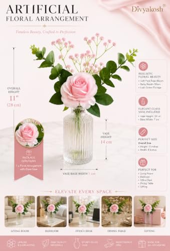 Image 3 of Divyakosh Artificial Pink Rose Flower Bunch with Glass VASE (1 Big Rose + Baby Breath) | Realistic Faux Floral Bouquet with Green Leaves & Baby Breath | Home Decor for Living Room, Bedroom, Office