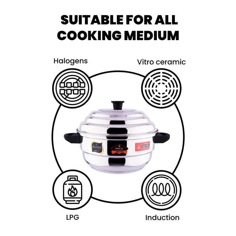 Image 4 of EUROStyle Royal Stainless Steel 3 Layer Sandwich Base Idly Maker - 8 Cavity Idlies - With 1 Steam Plate - ISI Mark Certified - Secure Lid and Easy Lifting Handles & Knobs -Multi-Tier Steaming Cookware for Idli, Dhokla, Modak & More (SB STD, 8 Idlies)