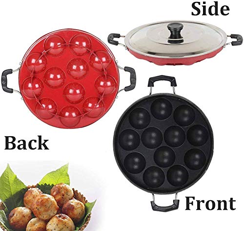 Image 3 of Generic Non Stick 12 Cavity Appam Patra with Lid Side Handle Paniyaram Pan Guntapongadalu Pan Appe Maker Litti Maker Multicolour
