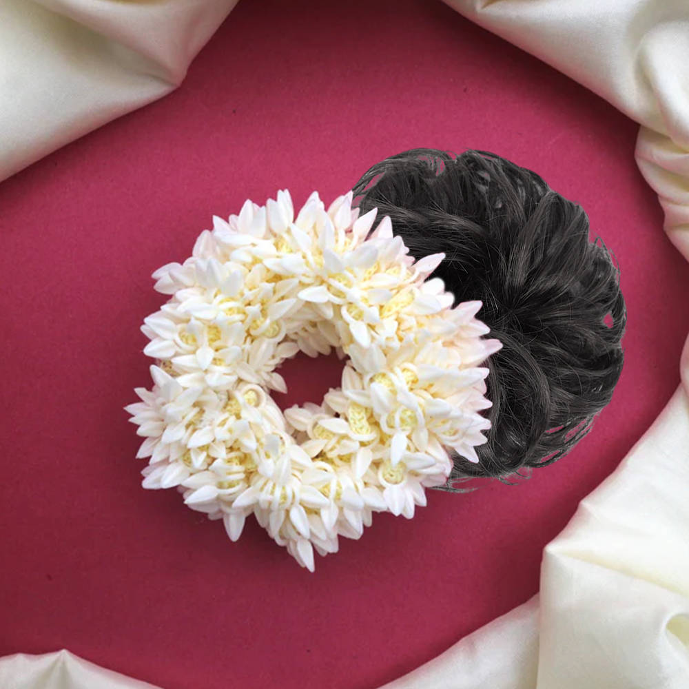 Image 7 of Majestique White Mogra Artificial Flower Gajra & Funky Messy Bun Scrunchies Combo