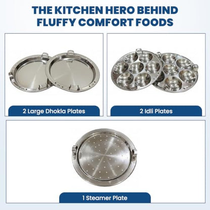 Image 5 of EVERMONT Stainless Steel Idli maker Induction Bas Idli Cooker/Momo Maker/Multi Kadai/Steamer Set|Large Plates 2 Idli|2 Dhokla|1 Steamer|28cm - 4 Ltr, 3.0Kg | 3-Layer Thick Bottom | Gas & Induction Friendly