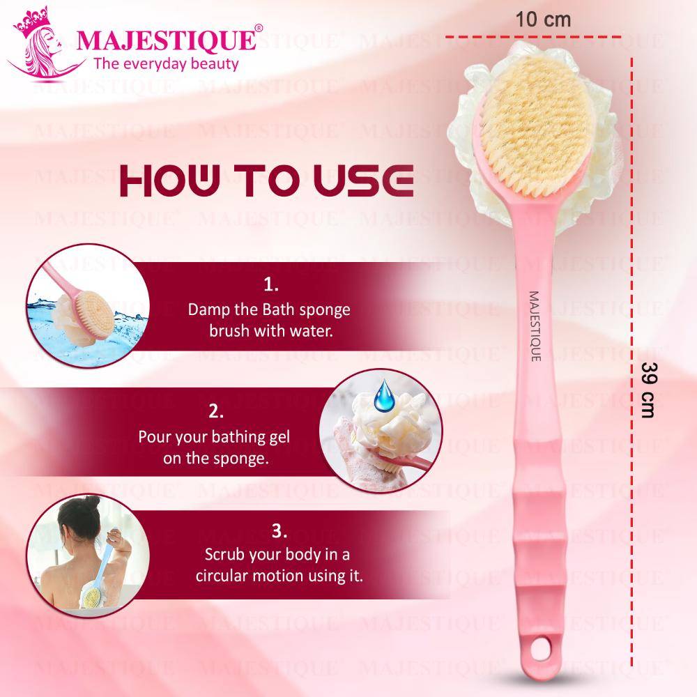 Image 3 of Majestique Bath Body Brush & Loofah, Dual-Sided Back Scrubber, Long Handle - 1Pc/Multicolour