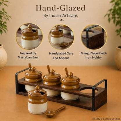 Image 3 of ExclusiveLane Barni Tales Ceramic Pickle Jars with Spoon & Wooden Holder Set of 4 270 ml