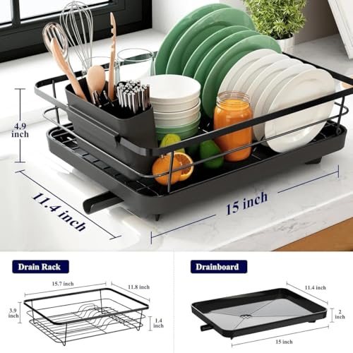 Image 3 of HomeWiz Plastic Dish Drying Rack with Spoon Holder, Built-in Drain Outlet, Heavy Duty Bartan Stand, 43×32×13 cm, Black