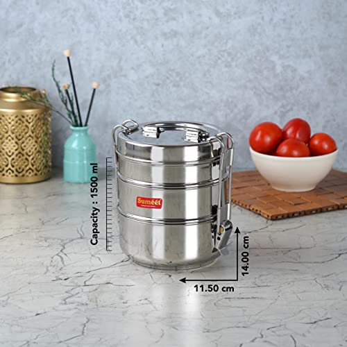 Image 5 of Sumeet Stainless Steel 3 Compartment Lunch Box/Tiffin with Lid (1500ML)