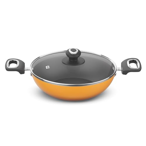 Image 1 of Default Title for the product Preethi Dura Collection Non Stick Kadai, 24 cm, with Glass Lid, Gas & Induction Compatible, 5 Star Non Stick Effect, Turmeric Yellow