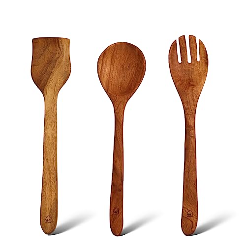 Image 2 of Set of 3 (II) for the product Vesta Homes Neem Wood Spoon Compact Flip Spatula Ladle Kitchen Tools