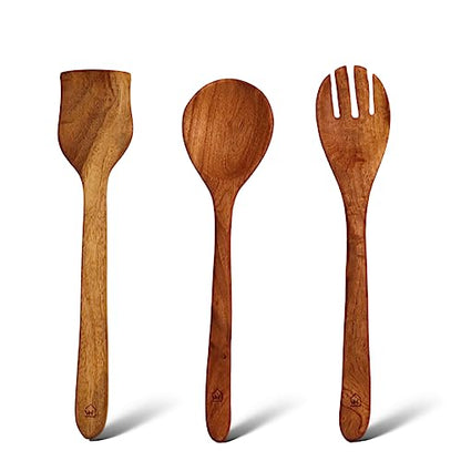 Image 2 of Set of 3 (II) for the product Vesta Homes Neem Wood Spoon Compact Flip Spatula Ladle Kitchen Tools