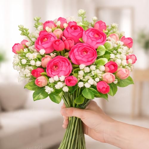 Image 4 of Divyakosh Artificial Peony Flower Bunch for Vase | Real Touch Faux Flowers with Gypsophila & Green Leaves | Decorative Fake Flowers for Home Living Room Bedroom Office Table Decor (VASE NOT Included)