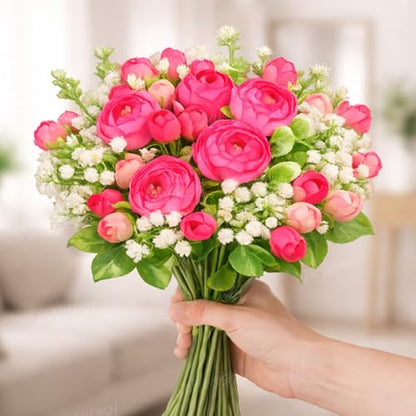 Image 4 of Divyakosh Artificial Peony Flower Bunch for Vase | Real Touch Faux Flowers with Gypsophila & Green Leaves | Decorative Fake Flowers for Home Living Room Bedroom Office Table Decor (VASE NOT Included)