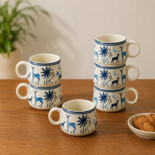 Image 1 of Default Title for the product ExclusiveLane Deer & Floral Ceramic Tea Cups Set of 6, 150 ml