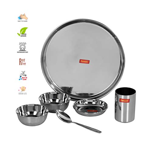 Image 2 of Sumeet Stainless Steel Solid Heavy Gauge Mirror Finish Dinner Set Of 6 Pcs (1 Plate, 1 Small/Halwa Plate, 2 Bowl/Wati, 1 Glass, 1 Spoon)