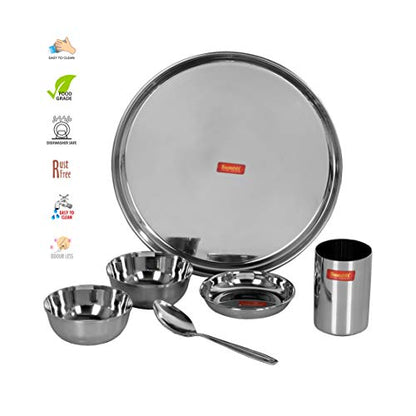 Image 2 of Sumeet Stainless Steel Solid Heavy Gauge Mirror Finish Dinner Set Of 6 Pcs (1 Plate, 1 Small/Halwa Plate, 2 Bowl/Wati, 1 Glass, 1 Spoon)