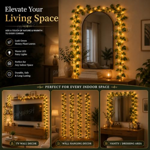 Image 6 of Divyakosh Artificial Money Plant Creepers (Pack of 4) with Warm White LED Lights (Pre-Assembled), Artificial Plants for Home Decor, Living Room, Hanging Plants, Fake Plants, Green Leaf Decoration