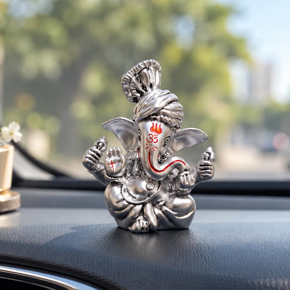 Image 3 of Gold Art India Ganesha Idol for Car Dashboard & Kamdhenu Idol for Vastu Decor (PAGADI-SIL-ANT-Matte-Velvet, Oval)