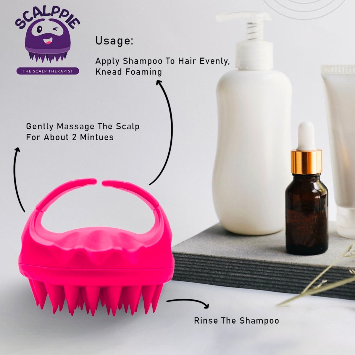 Image 4 of Scalppie Silicon Hair Scalp Massager & Shampoo Brush Scrub For Hair Growth & Anti Dandruff - Pink