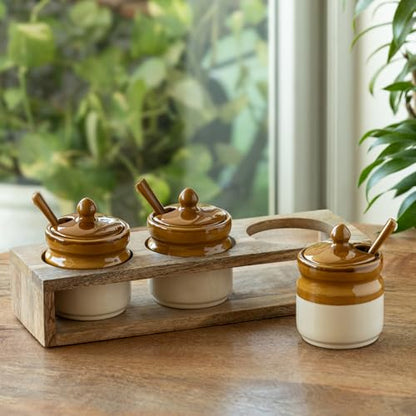 Image 1 of Default Title for the product ExclusiveLane Barni Tales Ceramic Pickle Jars with Spoon & Wooden Holder Set of 3 270 ml