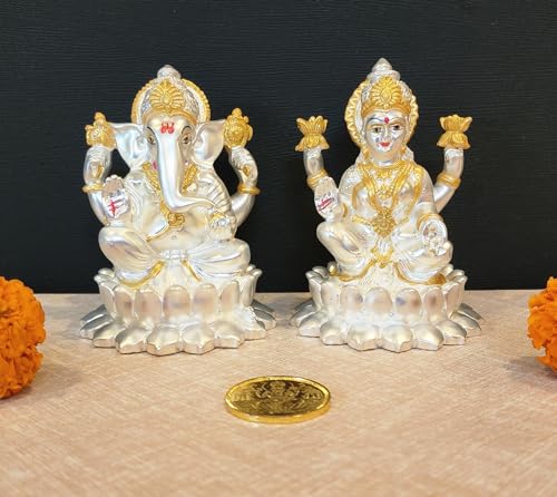 Image 1 of Default Title for the product Gold Art India Kamal Laxmi Ganesh Silver Matte Idol for Home Decor with Gold Plated Coin (4.1" Inch)
