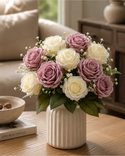 Image 3 of Divyakosh Artificial Rose Flower Bouquet, 10 Roses (5 Dusty Mauve & 5 Ivory White) with Green Leave, Faux Floral Arrangement for Living Room, Bedroom, Office, Wedding & Home Decor (Vase Not Included)